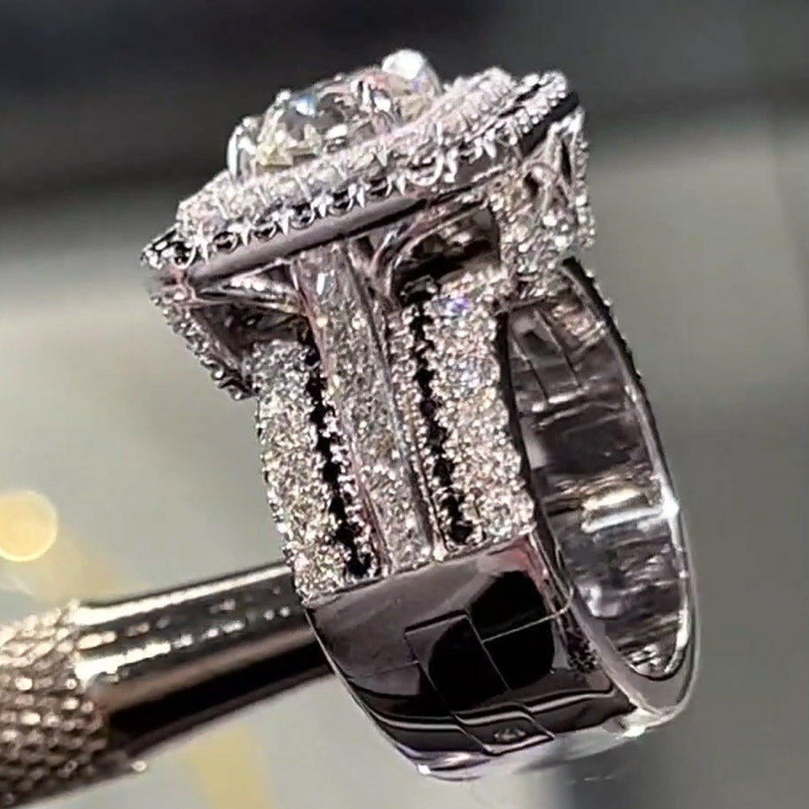 6.2Ctw Round Cut Black and White Sapphire Square Halo Engagement Ring-JEWELBUYS