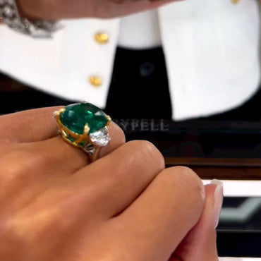 Vintage 13ct Emerald Cut Emerald & White Sapphire Engagement Ring-JEWELBUYS