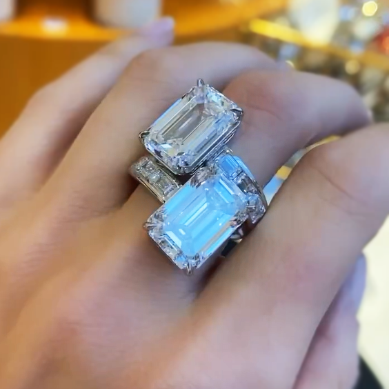 Unique 12 ctw Emerald Cut White Gemstone Two-Stone Ring -JEWELBUYS