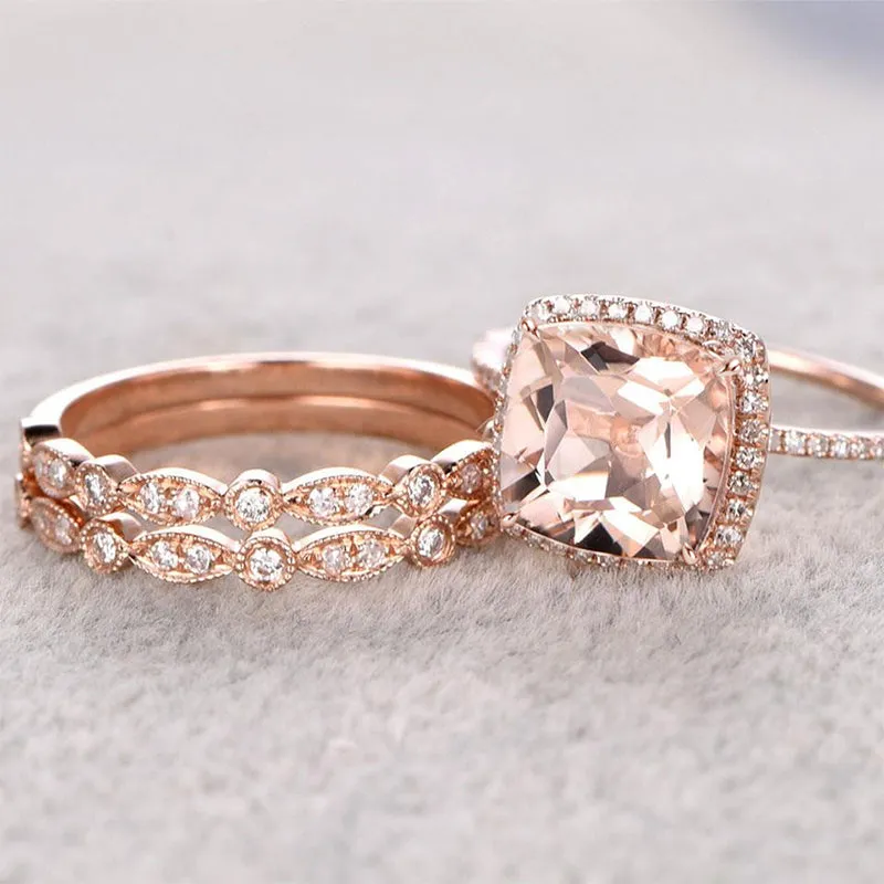 4ct Cushion Cut Pink Morganite & White Sapphire 3pcs Wedding Band Set-JEWELBUYS