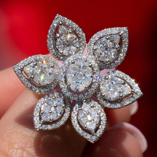 Flower-shaped 4ctw Round & Pear Cut White Sapphire Women's Engagement Ring in Silver-JEWELBUYS