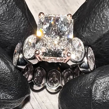 Elegant 8ctw Emerald Cut Main Stone With Sided Oval Cut Diamonds White Sapphire Women's Engagement Ring in Silver-JEWELBUYS