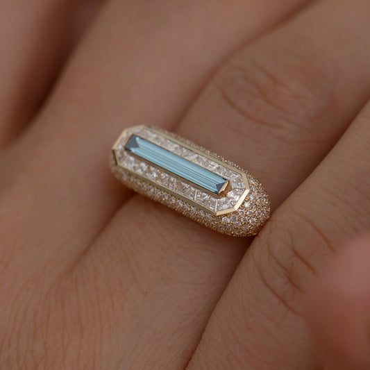 4.0Ctw Delicate Elongated Baguette Fancy Blue Sapphire Ring-JEWELBUYS