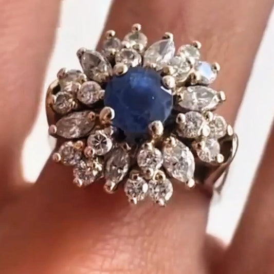 2.7ctw Vintage Style Round Cut Blue Gemstone & White Sapphire Cluster Ring-JEWELBUYS