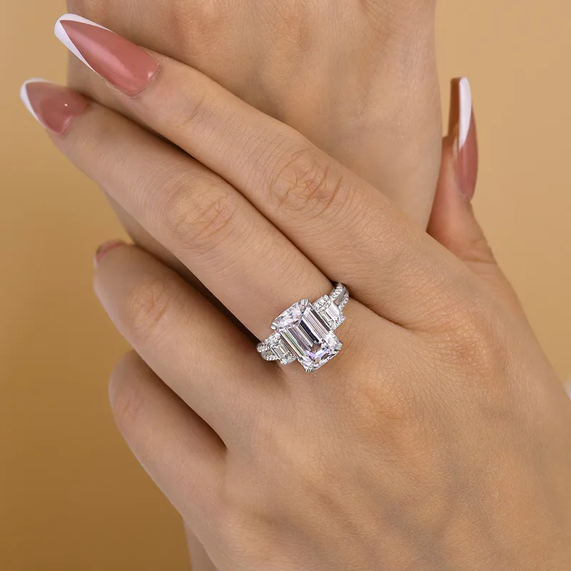 5ct Emerald Cut White Sapphire Three Stones Engagement Ring-JEWELBUYS