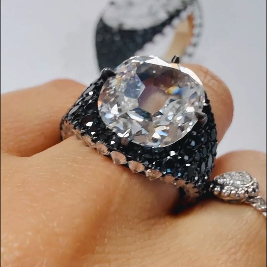 6.36Ct Cushion Cut Black Spinel and White Sapphire Ring-JEWELBUYS