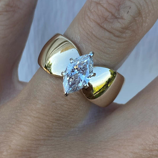 Vintage 1ct Marquise Cut White Sapphire Wide Band Women's Engagement Ring in Gold-JEWELBUYS