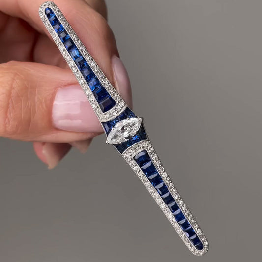 3.85ctw Marquise Trapezoid Cut Sapphire French Art Deco Brooch-JEWELBUYS