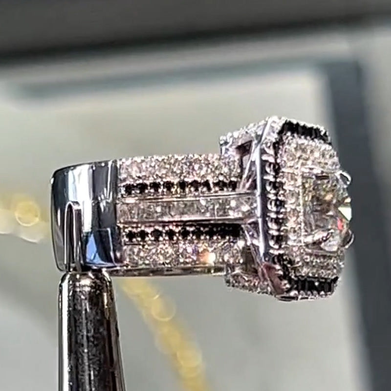 6.2Ctw Round Cut Black and White Sapphire Square Halo Engagement Ring-JEWELBUYS