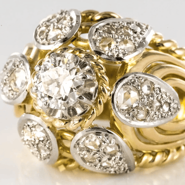 French Vintage 7ct Round Cut White Sapphire Yellow Gold Thread Dome Ring-JEWELBUYS