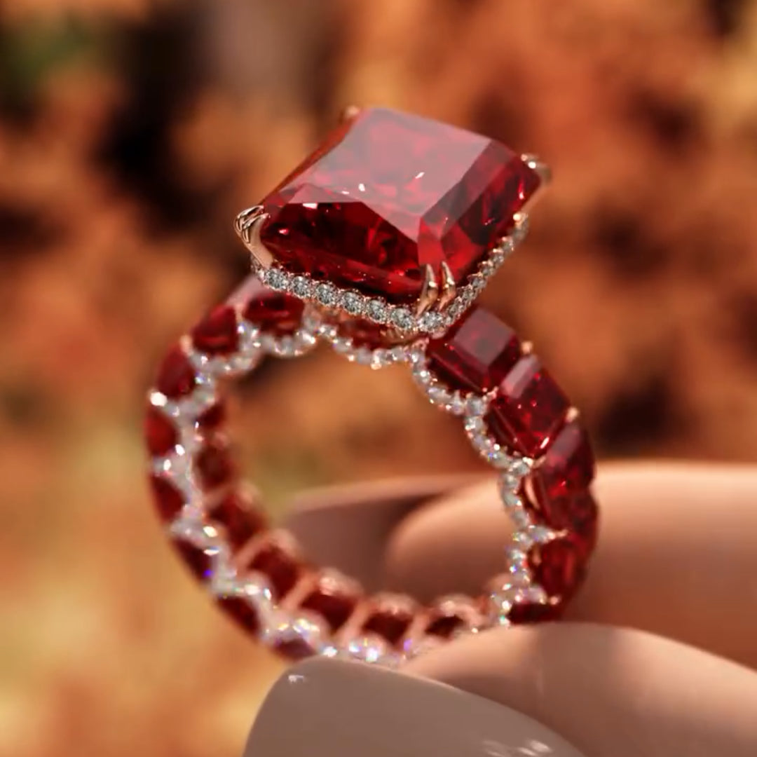 8ctw Under Halo Emerald Cut Ruby Sapphire Engagement Ring - JEWELBUYS