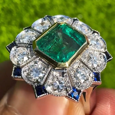 4.93ctw Emerald Cut and Blue Gemstone Art Ring-JEWELBUYS