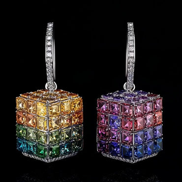6.0Ctw Emerald Cut Gradient Color Sapphire Cube Earrings-JEWELBUYS