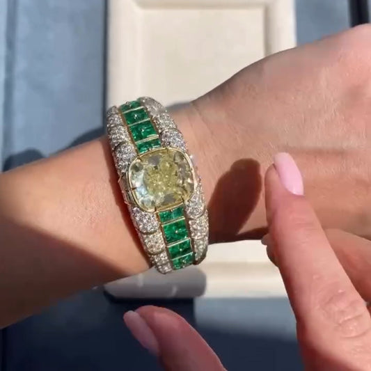 20Ctw Elegant and Dazzling Cushion-Shaped Fancy Yellow Emerald and Sapphire Bangle-JEWELBUYS