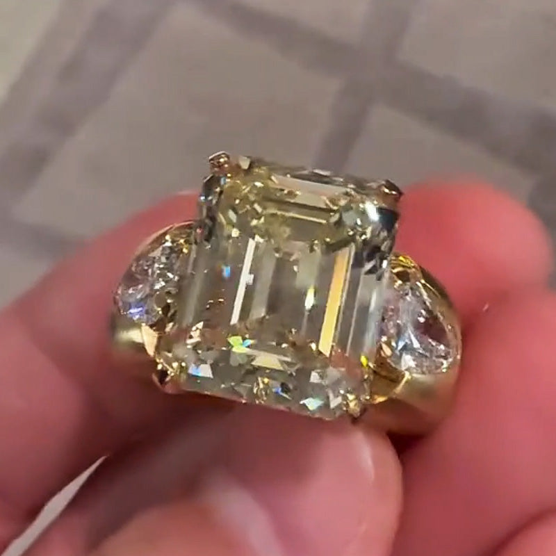 8Ct Emerald and Pear-Cut Three-Stone Yellow Sapphire Engagement Ring-JEWELBUYS