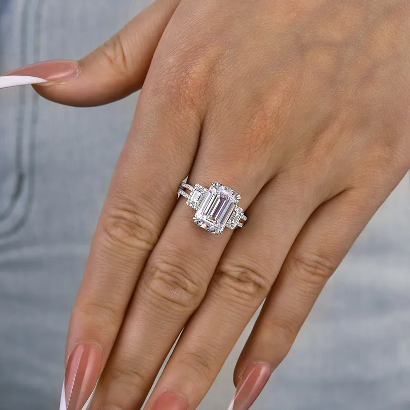 5ct Emerald Cut White Sapphire Three Stones Engagement Ring-JEWELBUYS