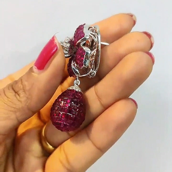 6.0Ctw Square Cut Ruby Flower Dangle Earrings-JEWELBUYS