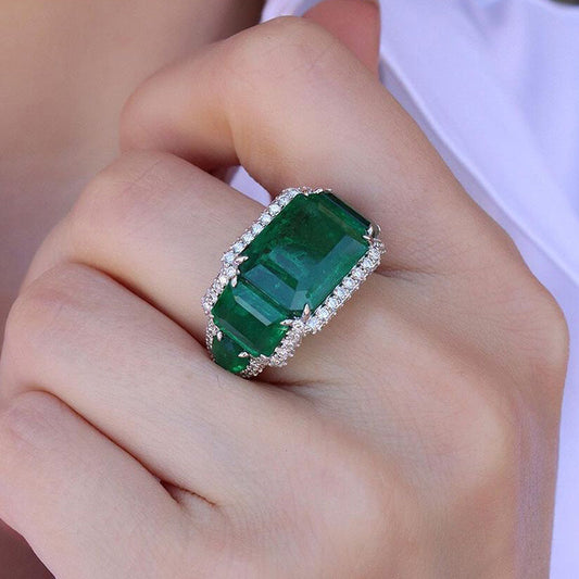Elegant 13ct Emerald Cut Pave Green Sapphire Setting Engagement Ring-JEWELBUYS