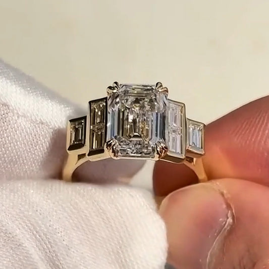 3.5Ctw Emerald Cut Baguette Side Stone Step Engagement Ring-JEWELBUYS