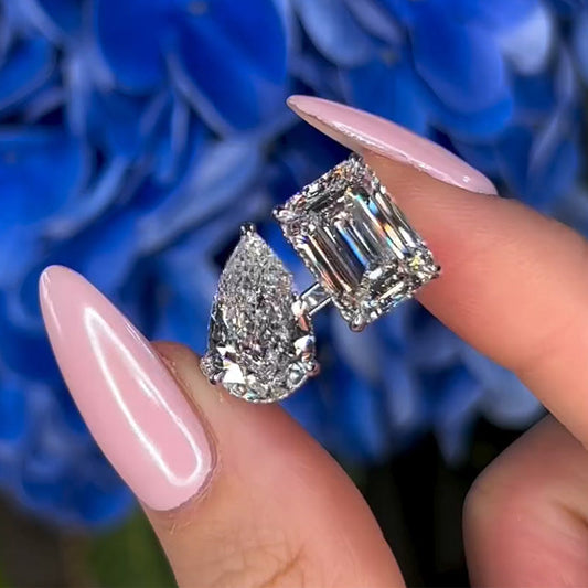 8ctw Pear & Emerald Cut White Sapphire Two Stones Engagement Ring-JEWELBUYS