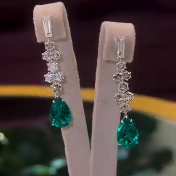 6.0Ctw pear-shaped emerald and hexagonal sapphire geometric design pendant earrings-JEWELBUYS