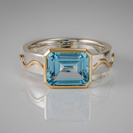 5Ct octagon cut aquamarine sapphire wave engagement ring- JEWELBUYS