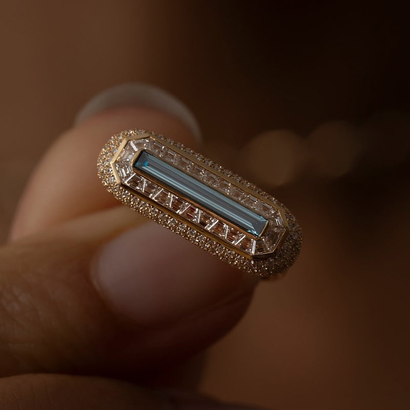4.0Ctw Delicate Elongated Baguette Fancy Blue Sapphire Ring-JEWELBUYS