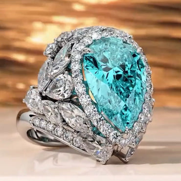 8.0Ctw Pear Cut Aquamarine Lab Sapphire Luxury Ring-JEWELBUYS