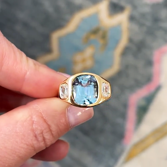 Vintage 5ct Cushion Cut Light Blue Sapphire Three Stone Ring - JEWELBUYS