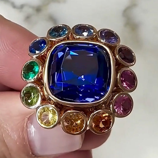7.53 Ctw Cushion Cut Blue Gemstone and Mixed Color Sapphire Ring-JEWELBUYS