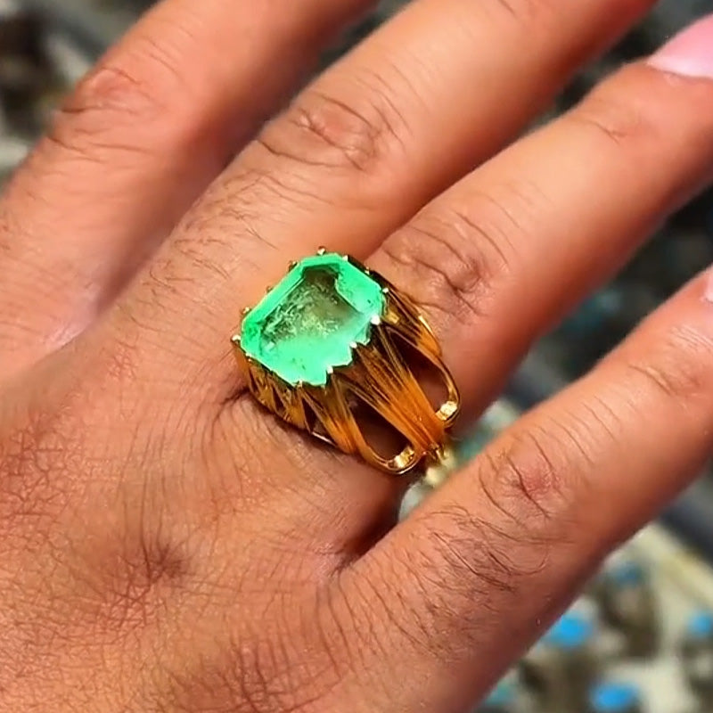 4.45Ct Octagon Emerald and Sapphire Vintage Style Hollow Ring-JEWELBUYS