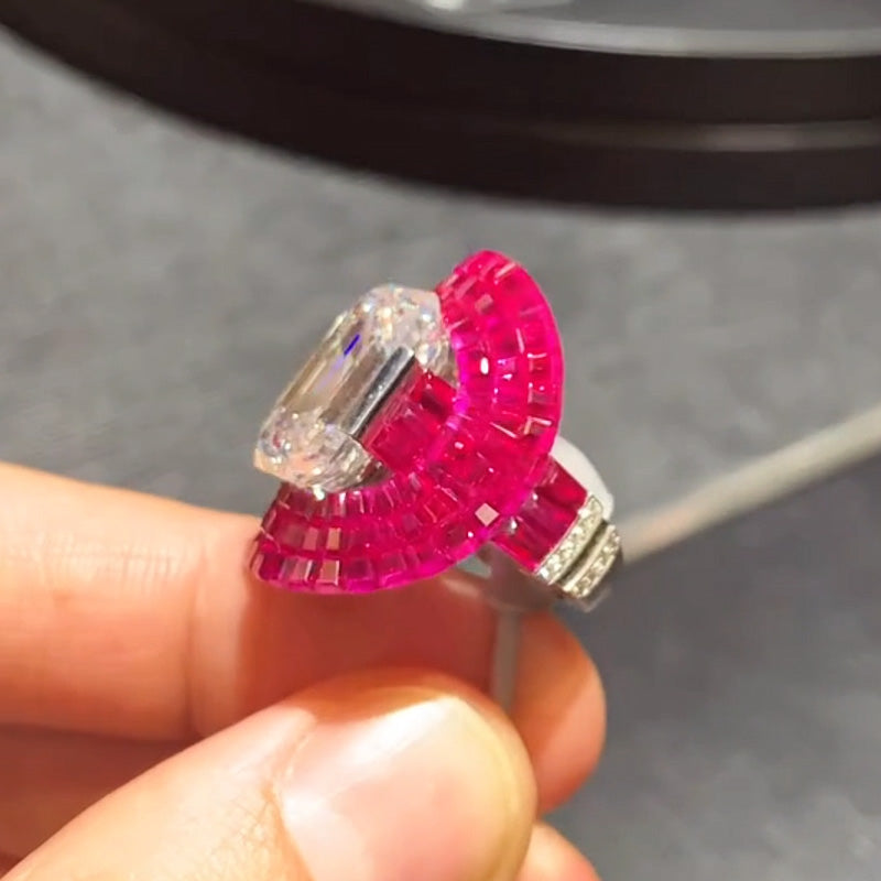 16 Ctw White Emerald Cut diamond Surrounded by Red Pavé Halo Ring - JEWELBUYS