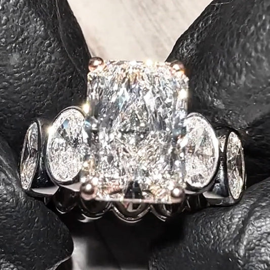 Elegant 8ctw Emerald Cut Main Stone With Sided Oval Cut Diamonds White Sapphire Women's Engagement Ring in Silver-JEWELBUYS