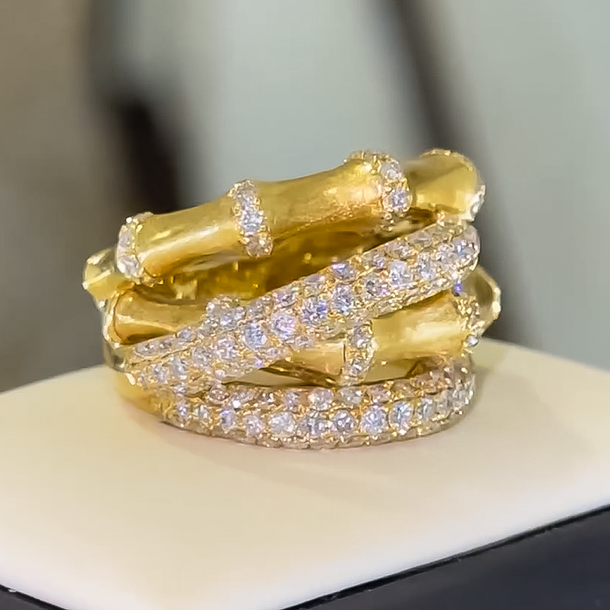 Exquisite 1 ctw Round Cut White Gemstone Bamboo Ring -JEWELBUYS