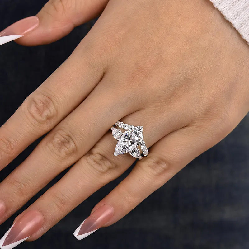 3.5ct Pear Cut White Sapphire Teardrop Three Stone 2-Piece Ring Set-JEWELBUYS