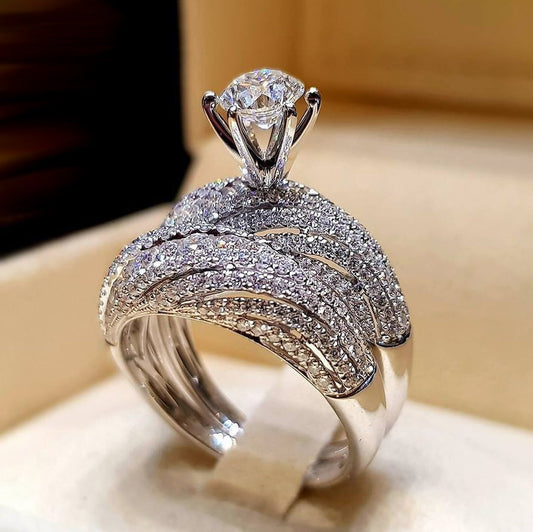 Elegant 5 ctw Round Cut White Stone 2 Piece Engagement Ring Set -JEWELBUYS