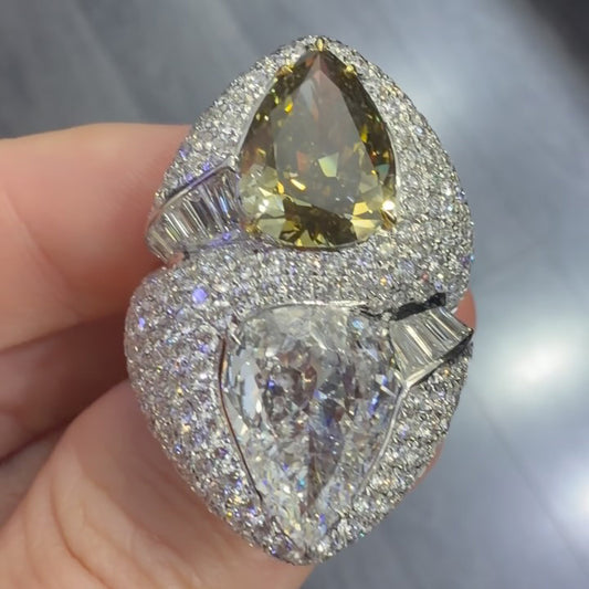 10Ctw pear-shaped cut yellow and white two-color sapphire bypass ring-JEWELBUYS