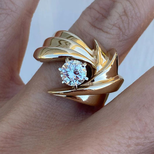 Unique 3ctw Round Cut White Diamond Solitaire Gold Swirl Engagement Ring - JEWELBUYS