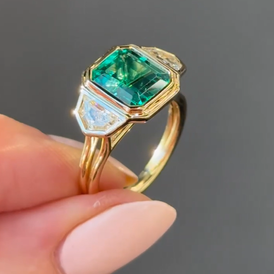 6 ctw Emerald Cut 3 Stones Gold Engagement Ring - JEWELBUYS