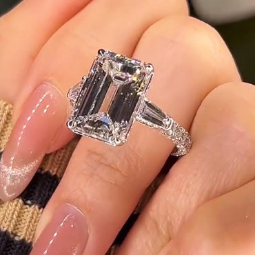3Ctw Emerald Cut Three Stone White Sapphire Invisible Halo Engagement Ring-JEWELBUYS