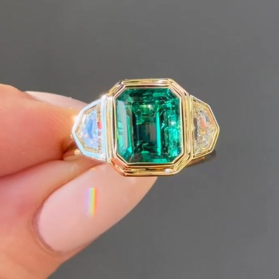 6 ctw Emerald Cut 3 Stones Gold Engagement Ring - JEWELBUYS