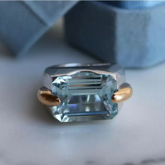 Minimalist 14ct Emerald Cut Blue Sapphire Cocktail Ring in Rose Gold and Silver-JEWELBUYS