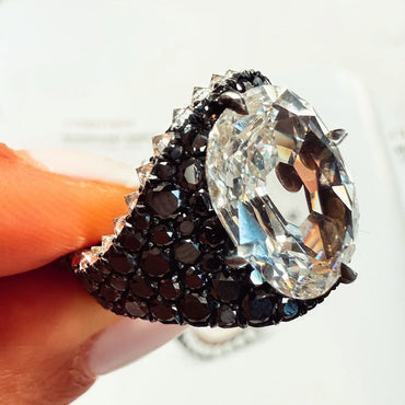 6.36Ct Cushion Cut Black Spinel and White Sapphire Ring-JEWELBUYS