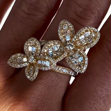 Elegant 3ct Emerald Cut White Sapphire Flower Shaped Women's Ring in Gold-JEWELBUYS