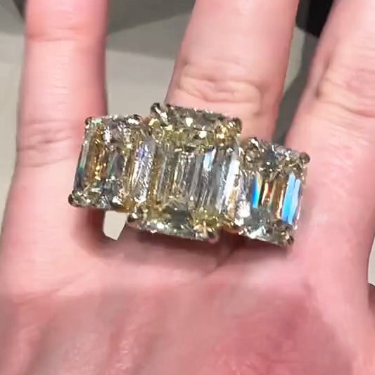 8ctw 3 Main Stones with Paved Diamonds Emerald Cut Yellow Sapphire Women's Engagement Ring in Silver-JEWELBUYS