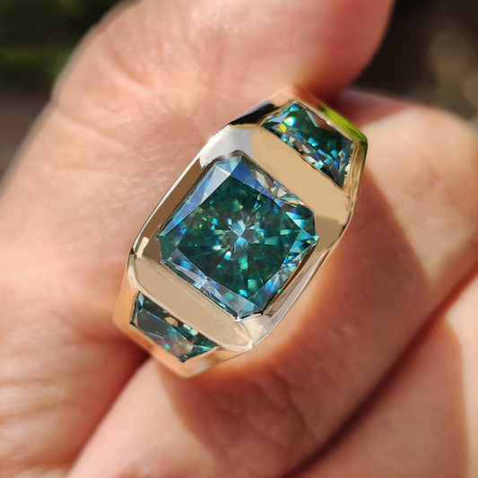 Three Stone 7 ctw Radiant Cut Blue Green Sapphire Vintage Ring - JEWELBUYS