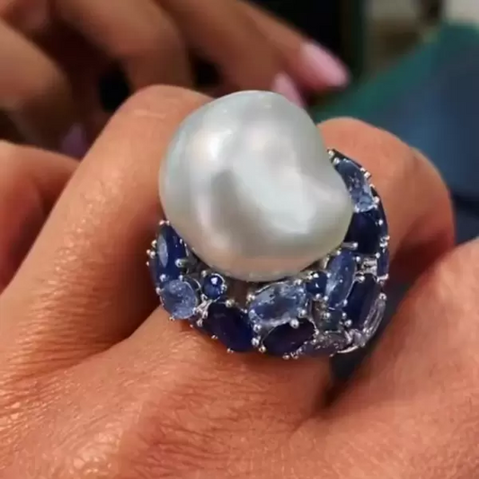 Unique Irregular Pearl Oval Cut Blue & Aquamarine Sapphire Diamond Ring-JEWELBUYS