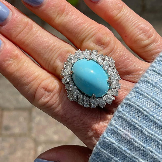 5.83Ctw Cabochon Blue Turquoise and White Sapphire Ring-JEWELBUYS
