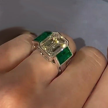 4.56ctw Emerald-Cut White and Green Sapphire 3-Stone Ring-JEWELBUYS