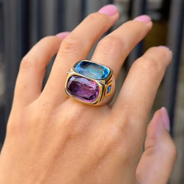 Unique 12 ctw Cushion Cut Blue & Purple & Yellow Gemstone Two Stone Cocktail Ring -JEWELBUYS